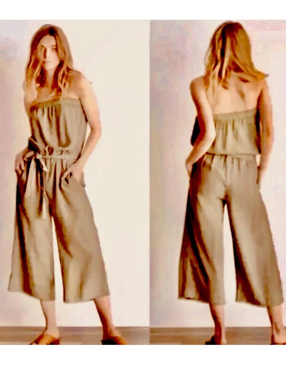 Anthropologie Cloth & Stone Jumpsuit Small Crop Wide Leg Strapless Beige Romper